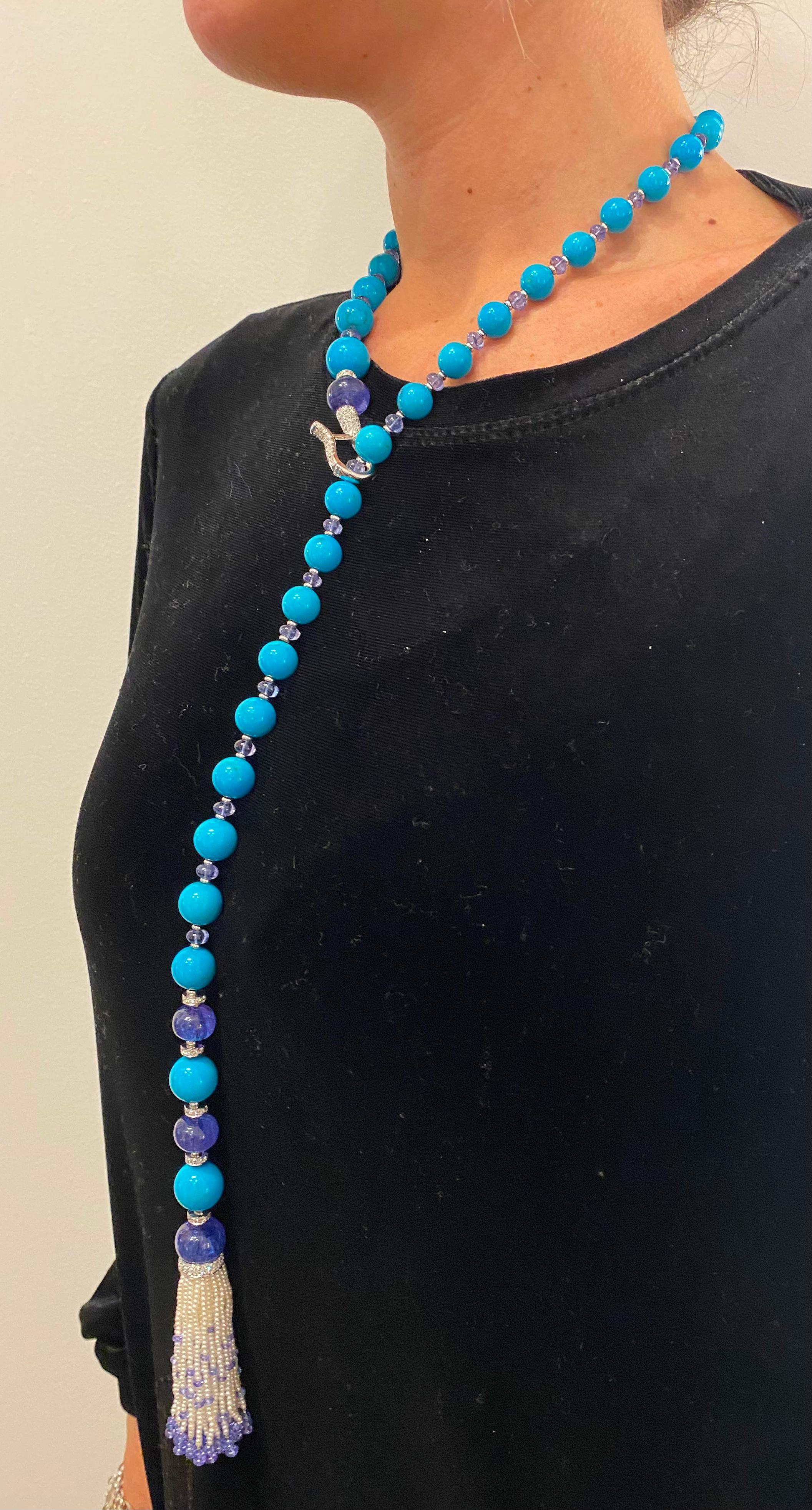 Contemporary SCAVIA Turquoise Spheres Tanzanite Beads Pearls Necklace For Sale