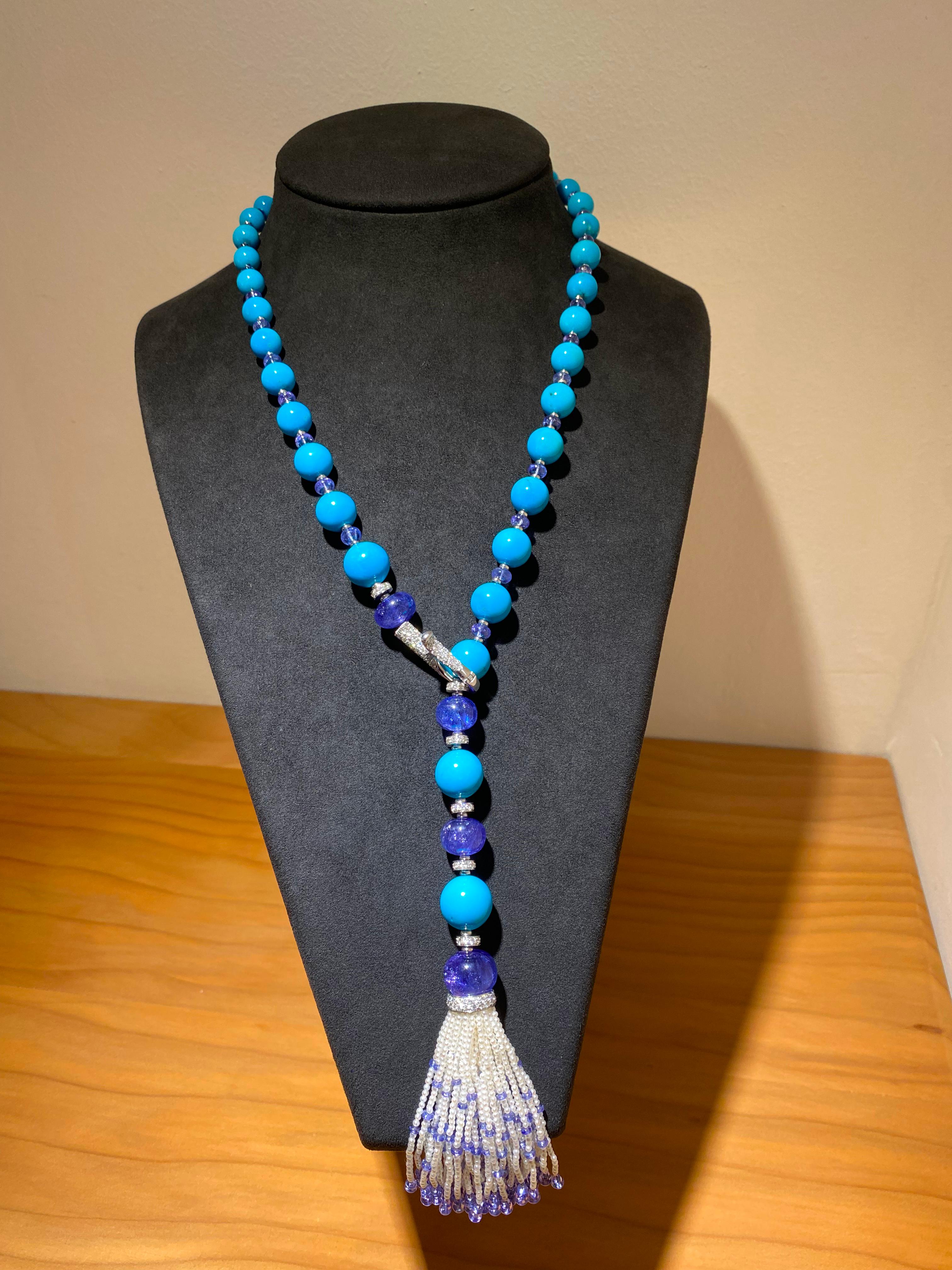 Mixed Cut SCAVIA Turquoise Spheres Tanzanite Beads Pearls Necklace For Sale