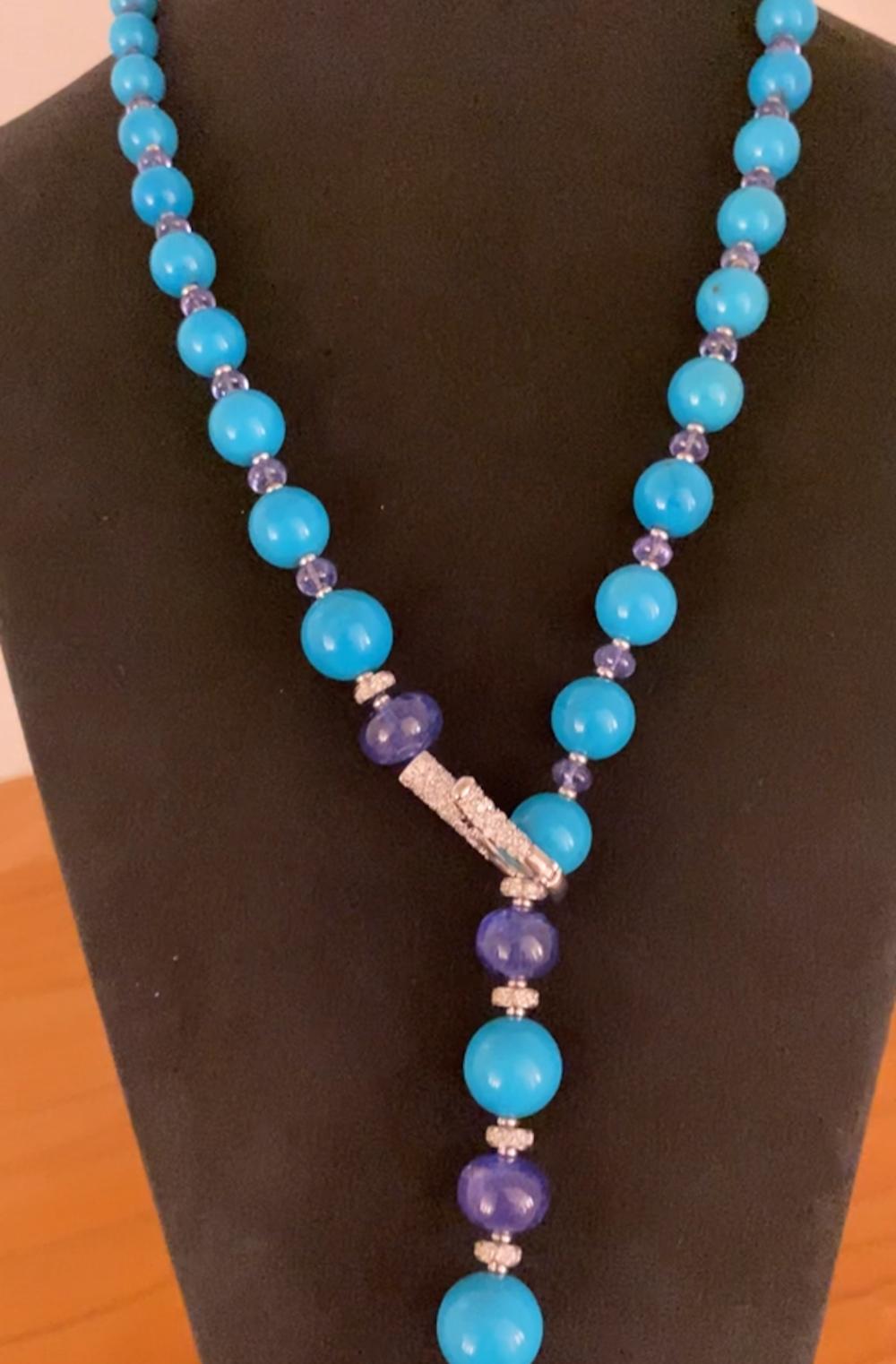 SCAVIA Turquoise Spheres Tanzanite Beads Pearls Necklace In New Condition For Sale In Rome, IT