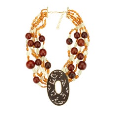 Necklace Amber Citrine Prehnite 18 Karat Gold Antique Japanese Carved Plaque