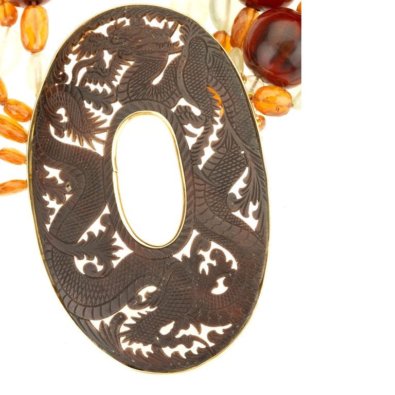 Necklace Amber Citrine Prehnite 18 Karat Gold Antique Japanese Carved Plaque For Sale 2