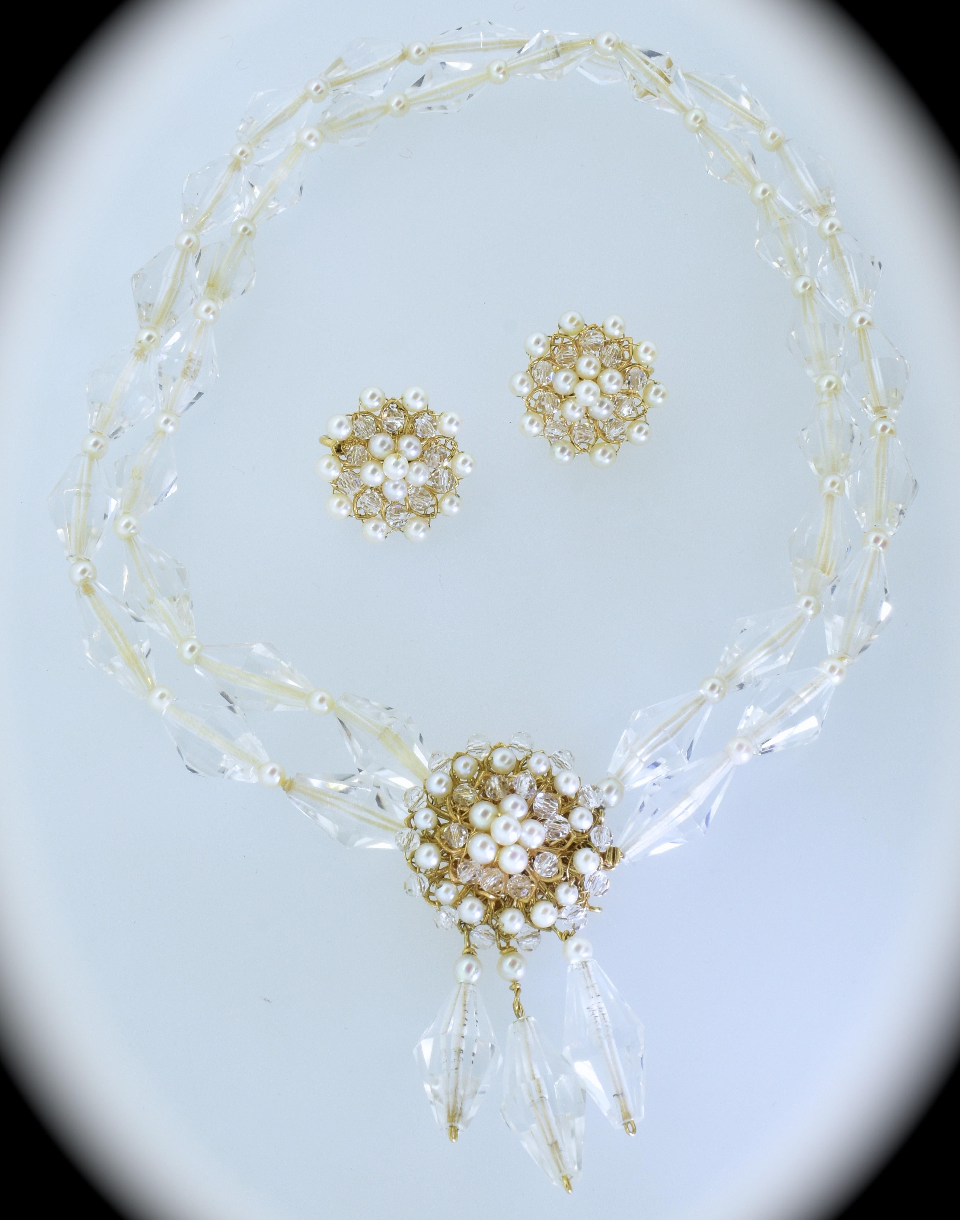 Contemporary Necklace and Earrings Set of Pearls, Gold and Rock Crystal, circa 1960