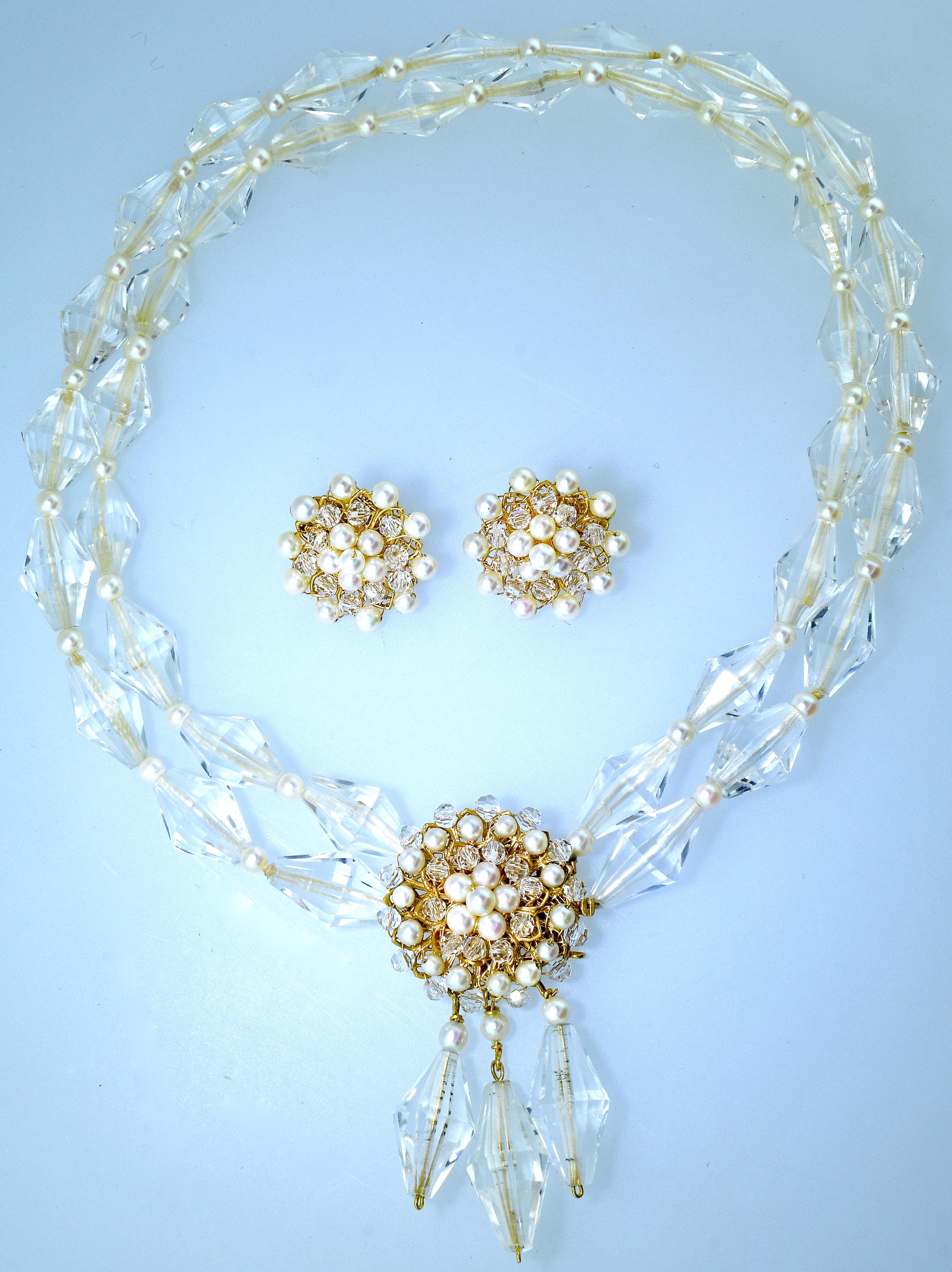 Women's or Men's Necklace and Earrings Set of Pearls, Gold and Rock Crystal, circa 1960