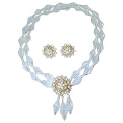 Necklace and Earrings Set of Pearls, Gold and Rock Crystal, circa 1960