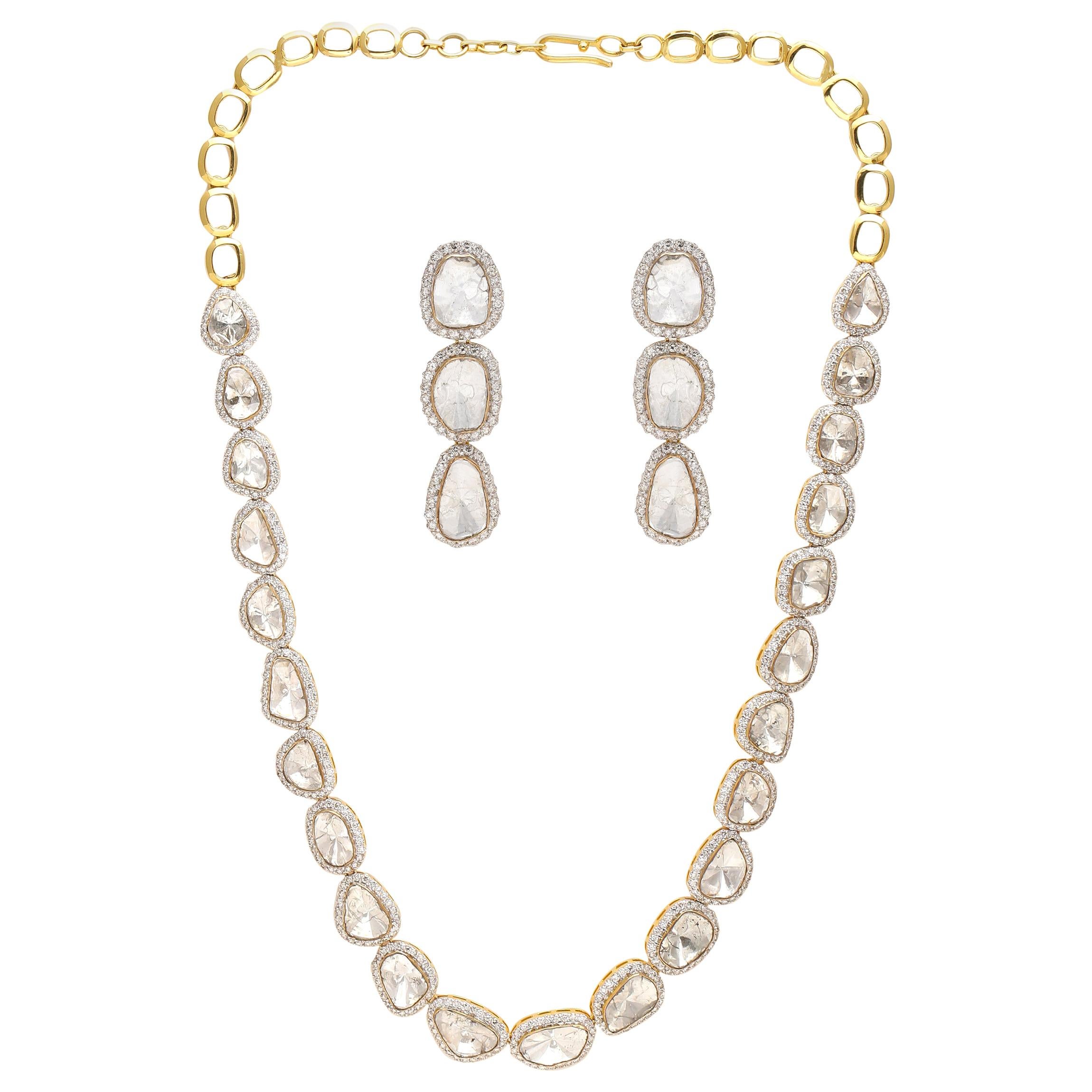 Necklace and Earrings with Diamonds Handcrafted in 18 Karat Yellow Gold