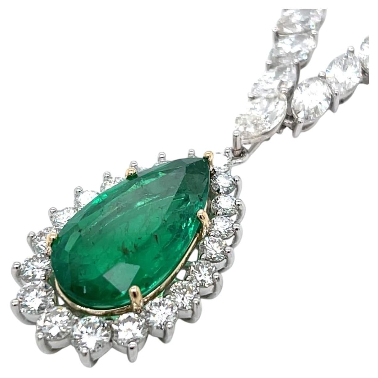 Necklace and Pendant - 14.12 Carat Pear-Shape Emerald and 37.68 CTW Diamonds.