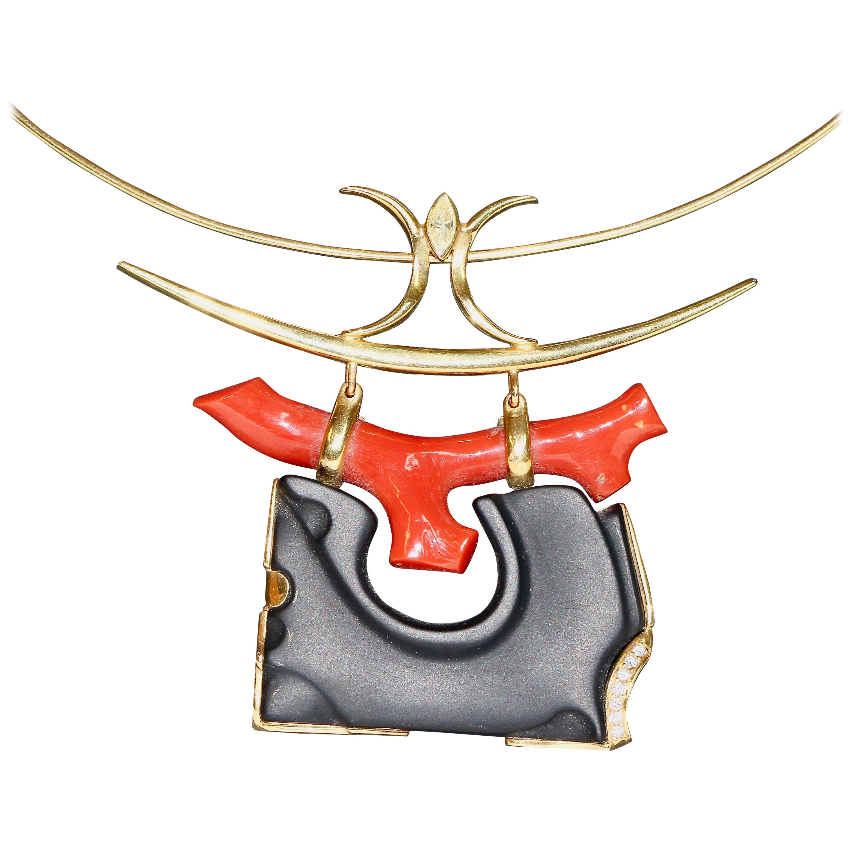 Necklace and Pendant as Japanese "Torii", Coral and Marquise Diamond, 18 K Gold