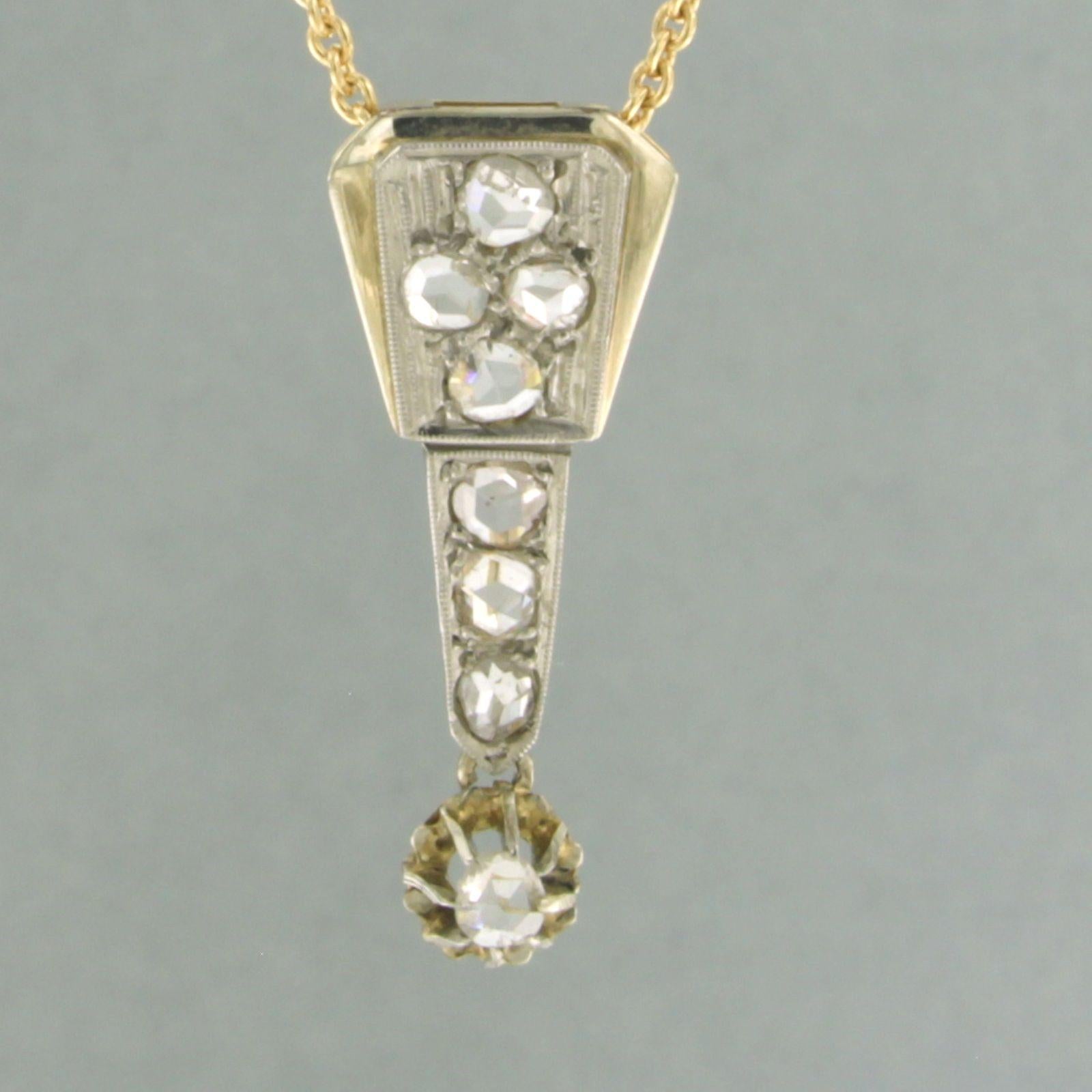 18k yellow gold necklace with 18k gold and 950pt platinum pendant set with rose cut diamond, total approximately 0.20 ct - F/G - SI - 45 cm

detailed description

the length of the necklace is 45 cm long by 0.7 mm wide

the pendant is 2.6 cm high