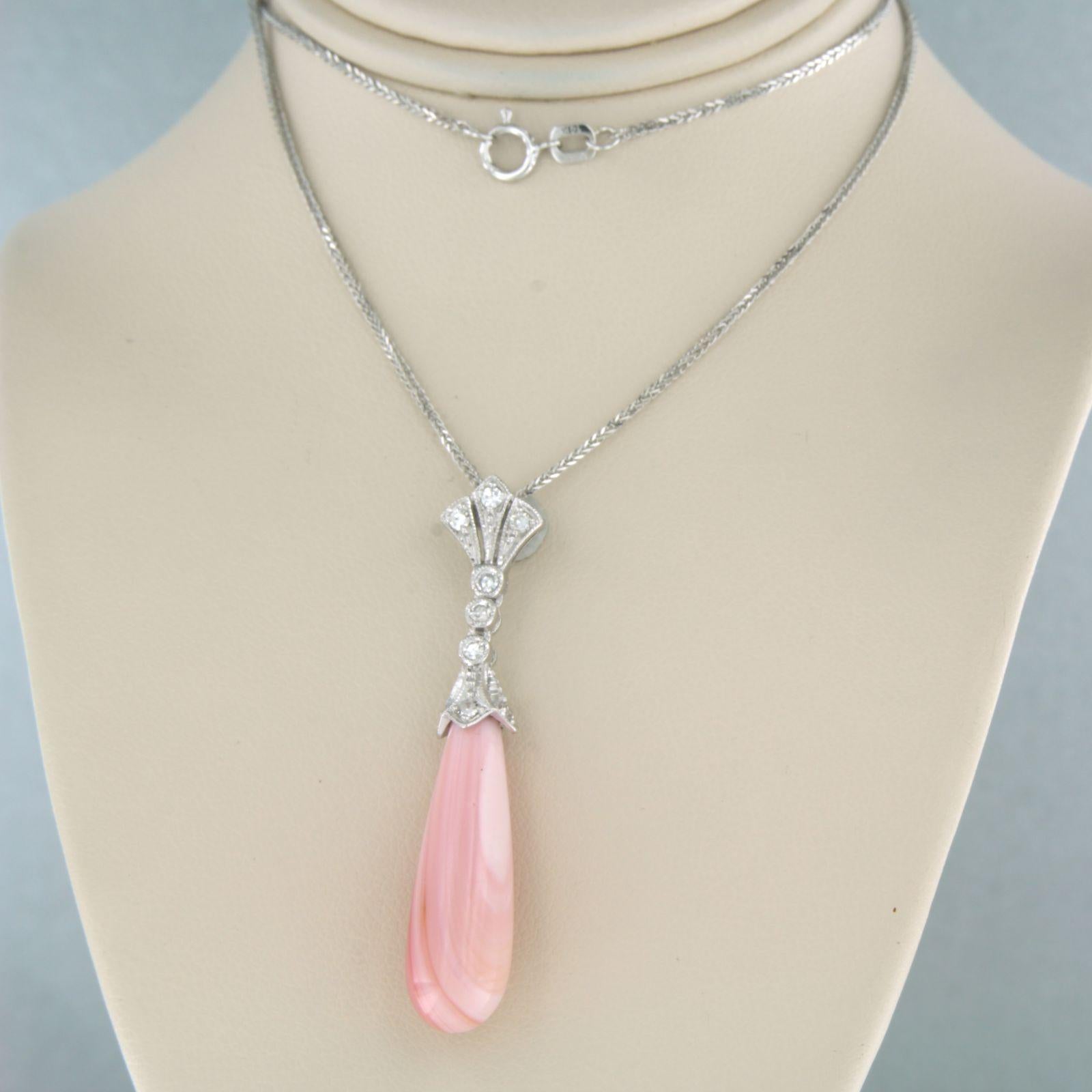 Modern Necklace and pendant set with agate and diamonds 14k white gold