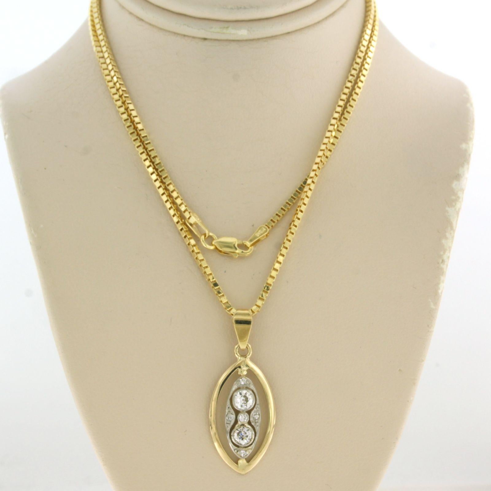 14k yellow gold necklace and pendant set with old European cut diamonds up to . 0.60ct - F/G - VS/SI - 50 cm long

detailed description:

the necklace is 50 cm long and 1.5 mm wide

the pendant is 3.1 cm long by 1.2 cm wide

weight 6.3