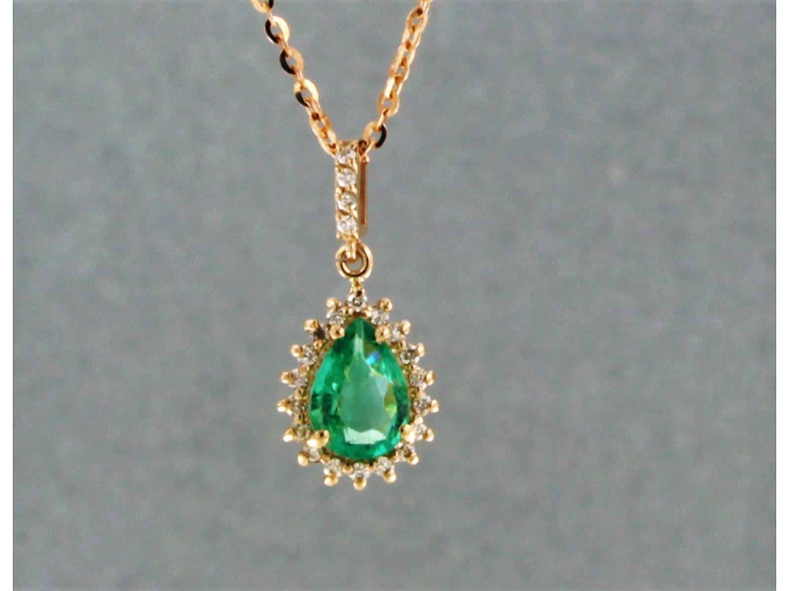Brilliant Cut Necklace and pendant set with emerald and diamond 14k pink gold 45 cm long For Sale