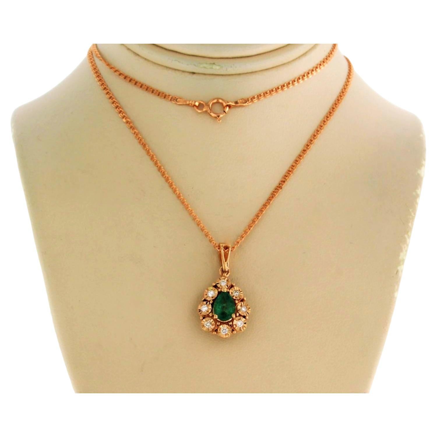 Necklace and pendant set with emerald and diamond 14k pink gold 45 cm
