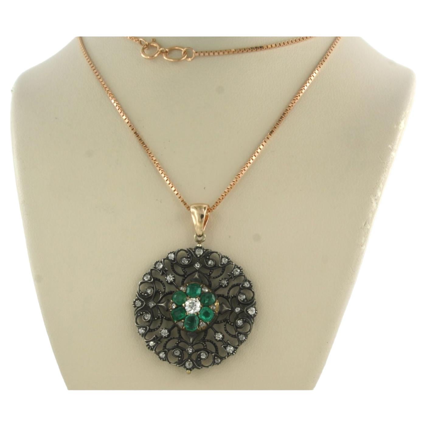 Necklace and pendant set with green onyx and diamonds 14k pink gold For