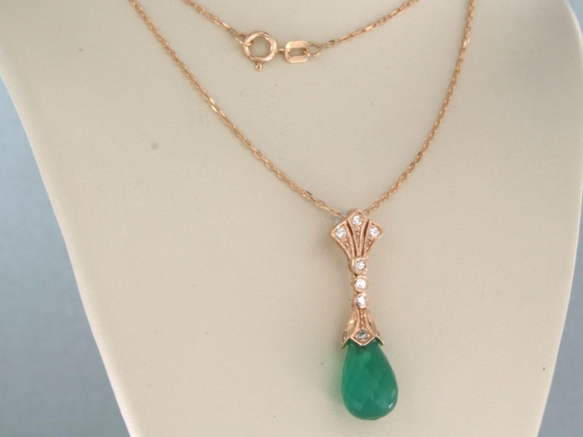 Modern Necklace and pendant set with green onyx and diamonds 14k pink gold For Sale