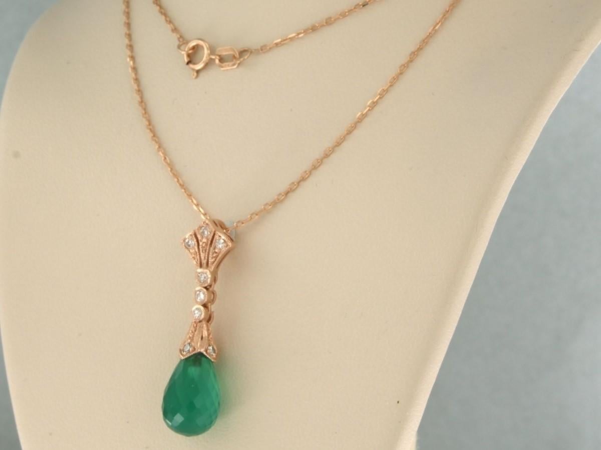 Single Cut Necklace and pendant set with green onyx and diamonds 14k pink gold For Sale