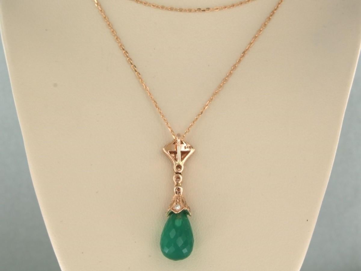 Women's Necklace and pendant set with green onyx and diamonds 14k pink gold For Sale