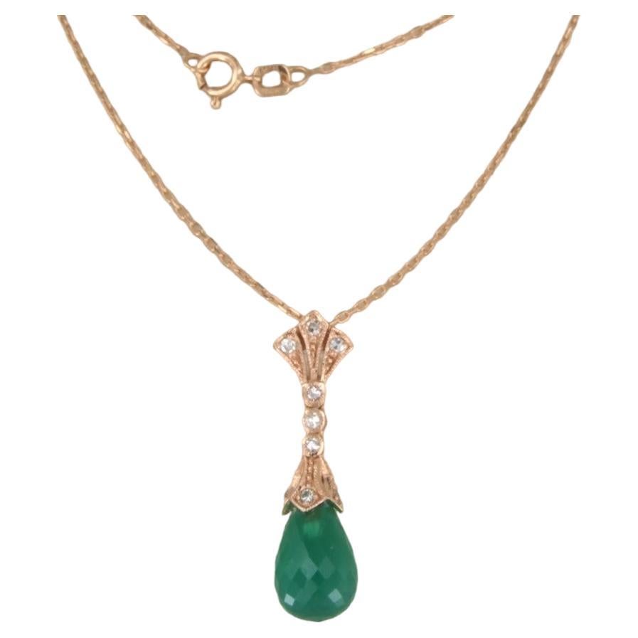 Necklace and pendant set with green onyx and diamonds 14k pink gold For