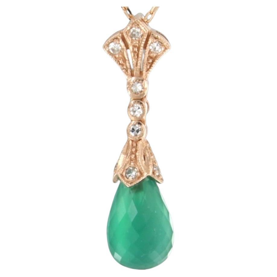 Necklace and pendant set with green onyx and diamonds 14k pink gold For Sale