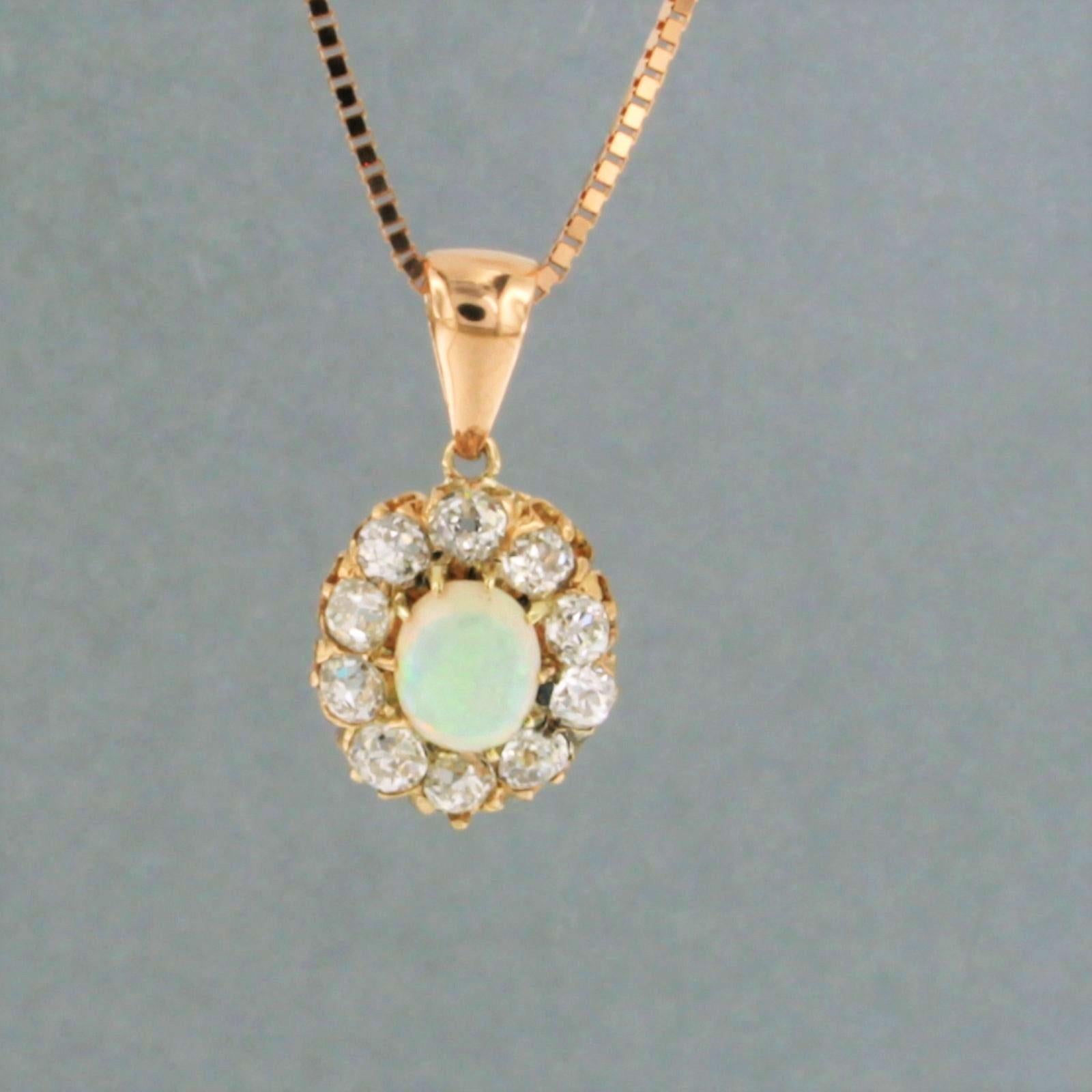 Old Mine Cut Necklace and pendant set with opal an diamonds 14k pink gold For Sale