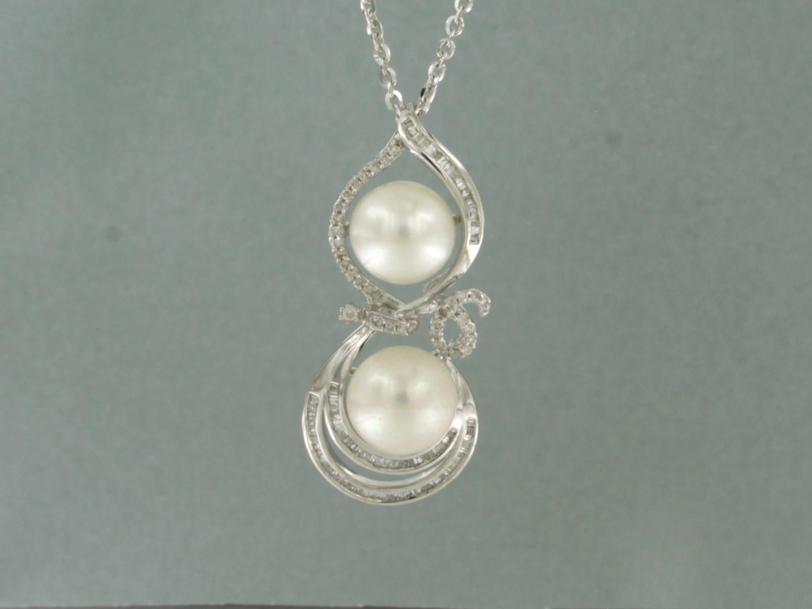 Tapered Baguette Necklace and pendant set with pearl and diamonds 18k white gold For Sale