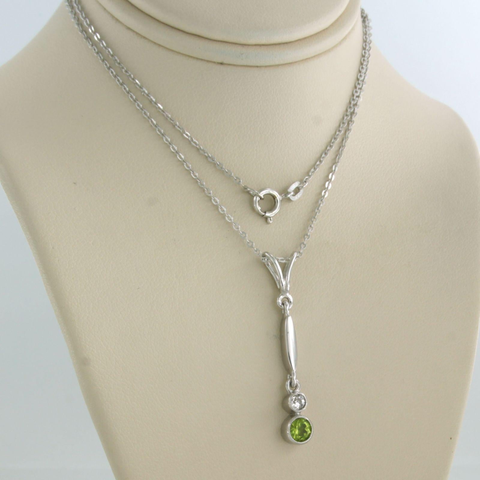 Old Mine Cut Necklace and pendant set with peridot and diamonds 14k white gold For Sale