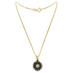 Retro Necklace and pendant set with rose cut diamonds 14k yellow gold and silver