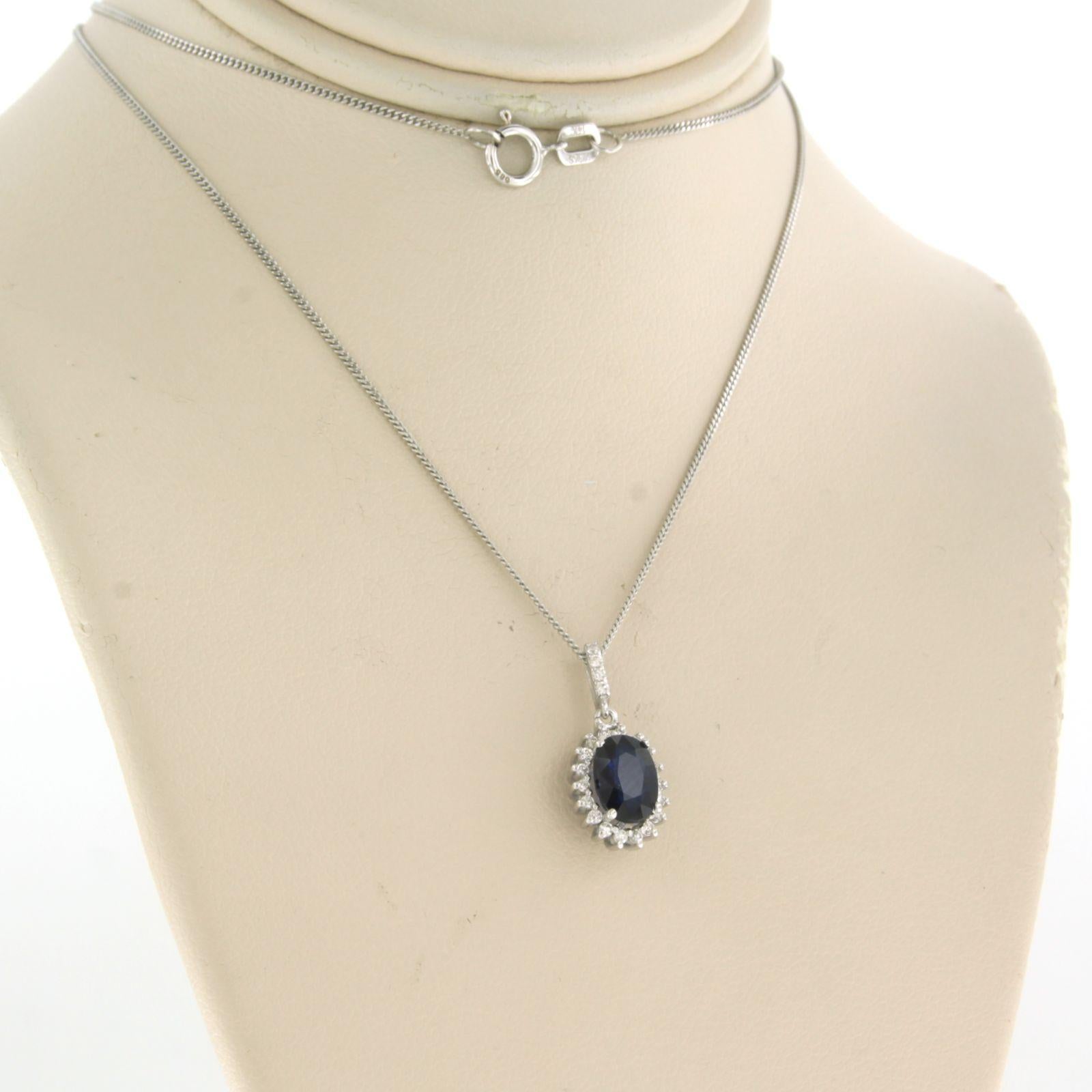 Brilliant Cut Necklace and Pendant set with Sapphire and Diamonds 14k white gold