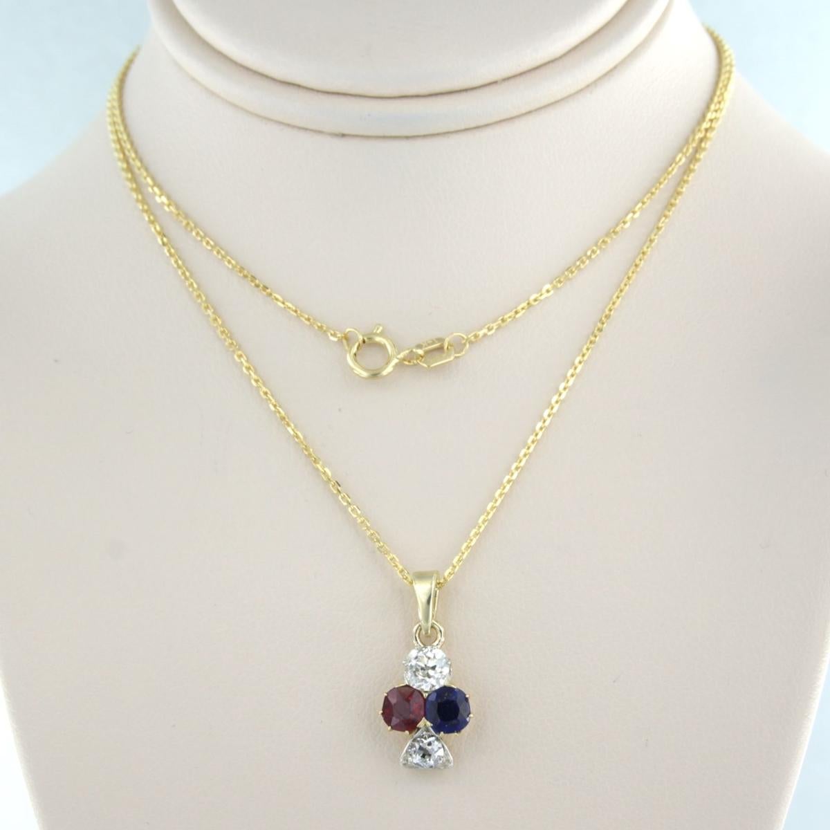 Modern Necklace and pendant set with Sapphire, Ruby and Diamonds 14k yellow gold For Sale