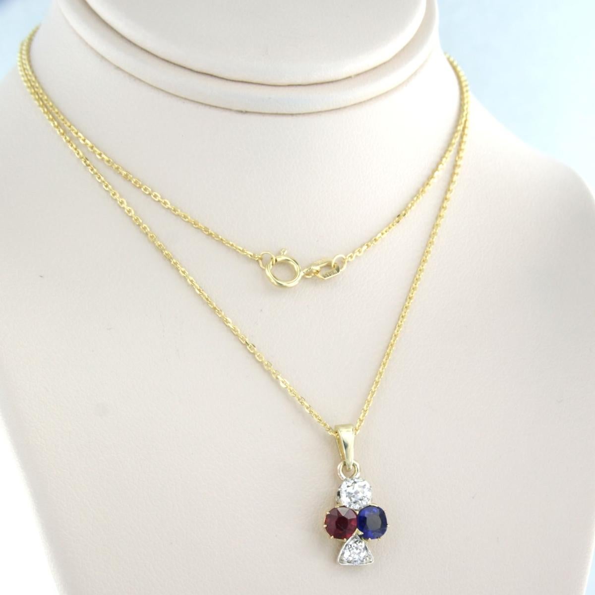 Old Mine Cut Necklace and pendant set with Sapphire, Ruby and Diamonds 14k yellow gold For Sale