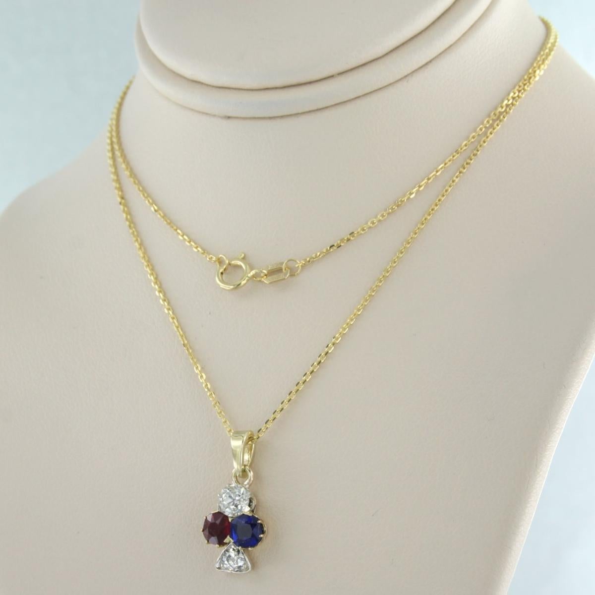 Necklace and pendant set with Sapphire, Ruby and Diamonds 14k yellow gold In Good Condition For Sale In The Hague, ZH
