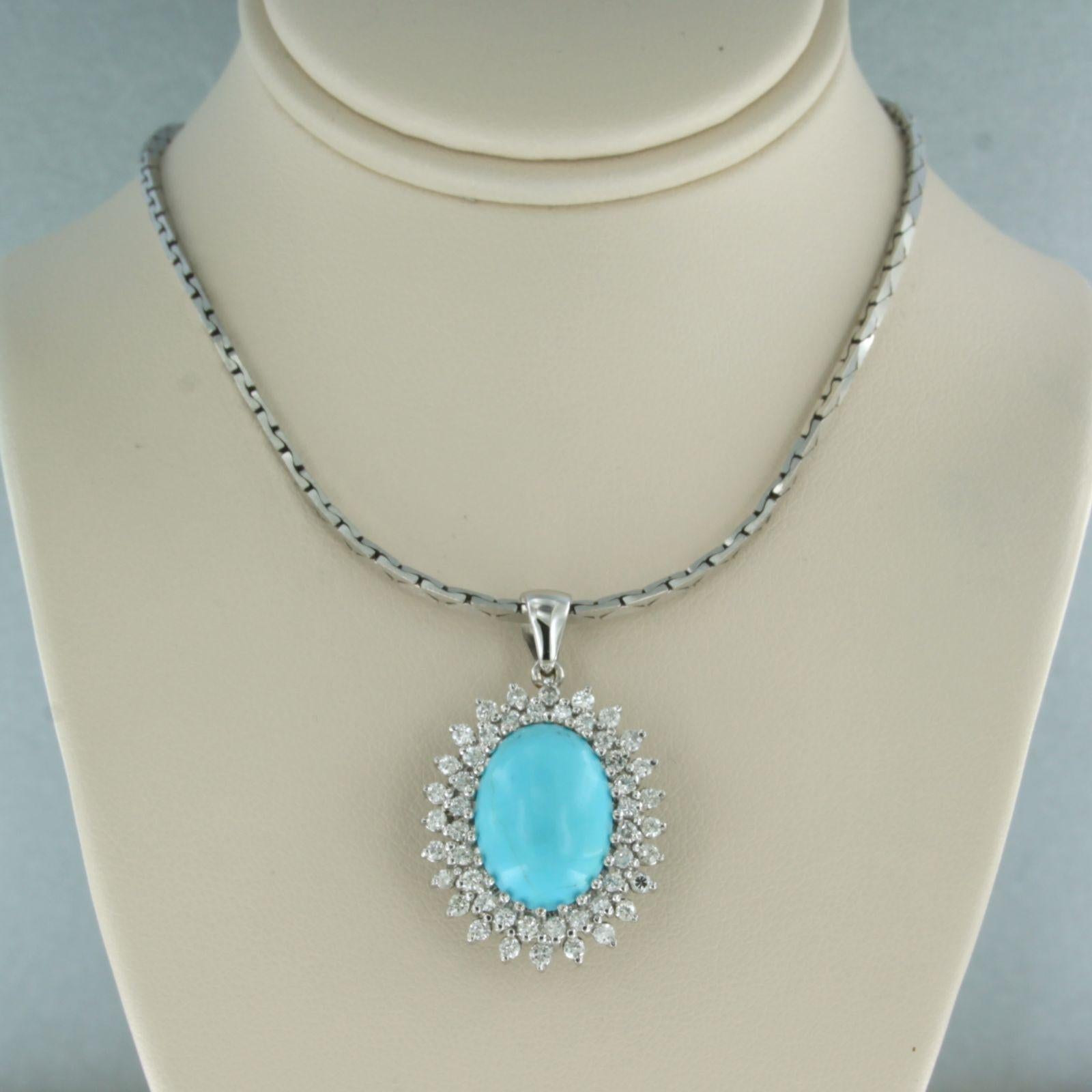 Halskette aus 14k Weißgold mit Anhänger mit blauem Türkis und Diamanten im Brillantschliff von insgesamt ca. 1,00 ct - F/G - VS/SI - 44 cm lang

ausführliche Beschreibung

die Halskette ist 44 cm lang und 1,5 mm breit

der Anhänger ist 3,0 cm hoch