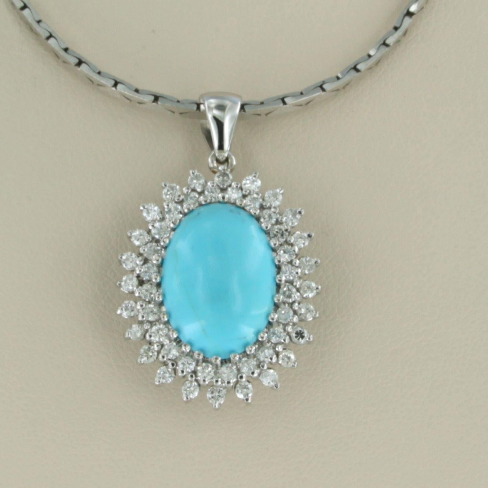Halskette und Anhänger aus 14 Karat Weißgold mit Türkis und Diamanten besetzt (Moderne)