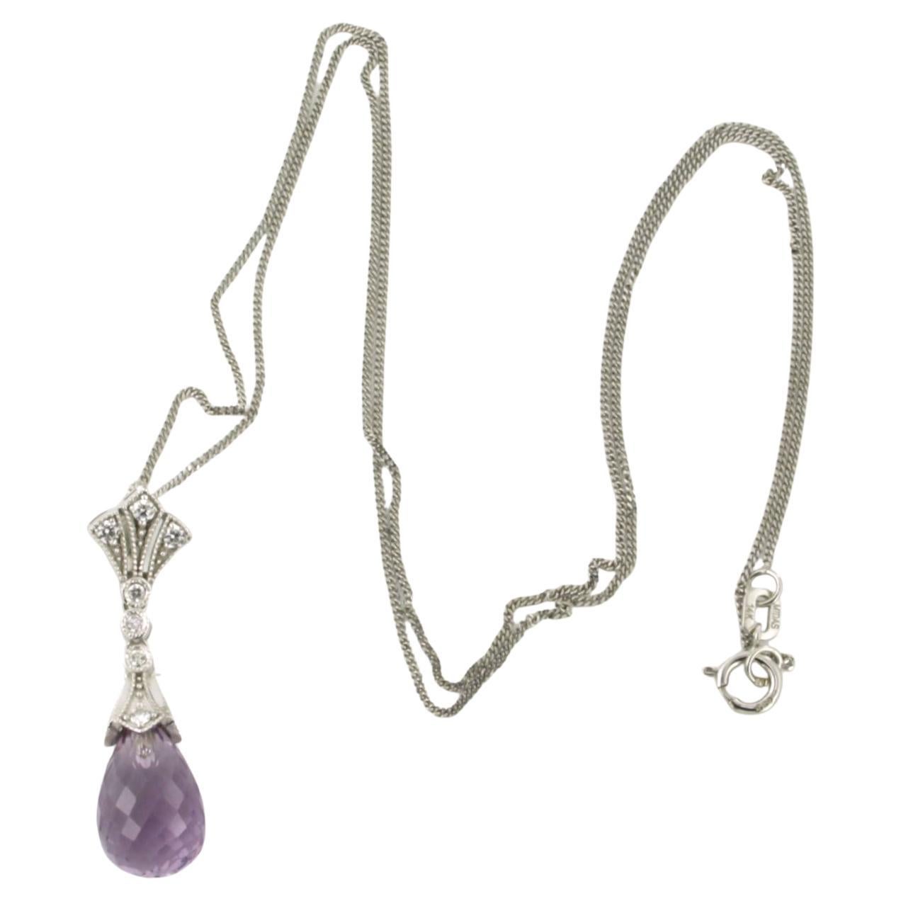 Necklace and pendant with amethyst and brilliant cut diamonds 14k gold