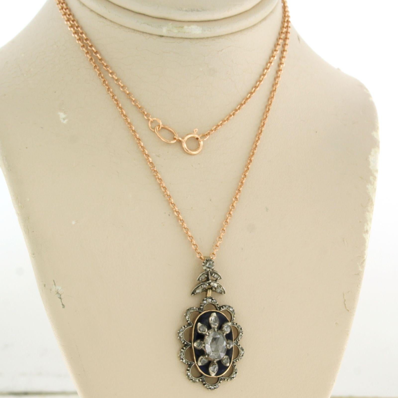 Early Victorian Necklace and pendant with blue enamel and rose cut diamonds 14k gold and silver For Sale