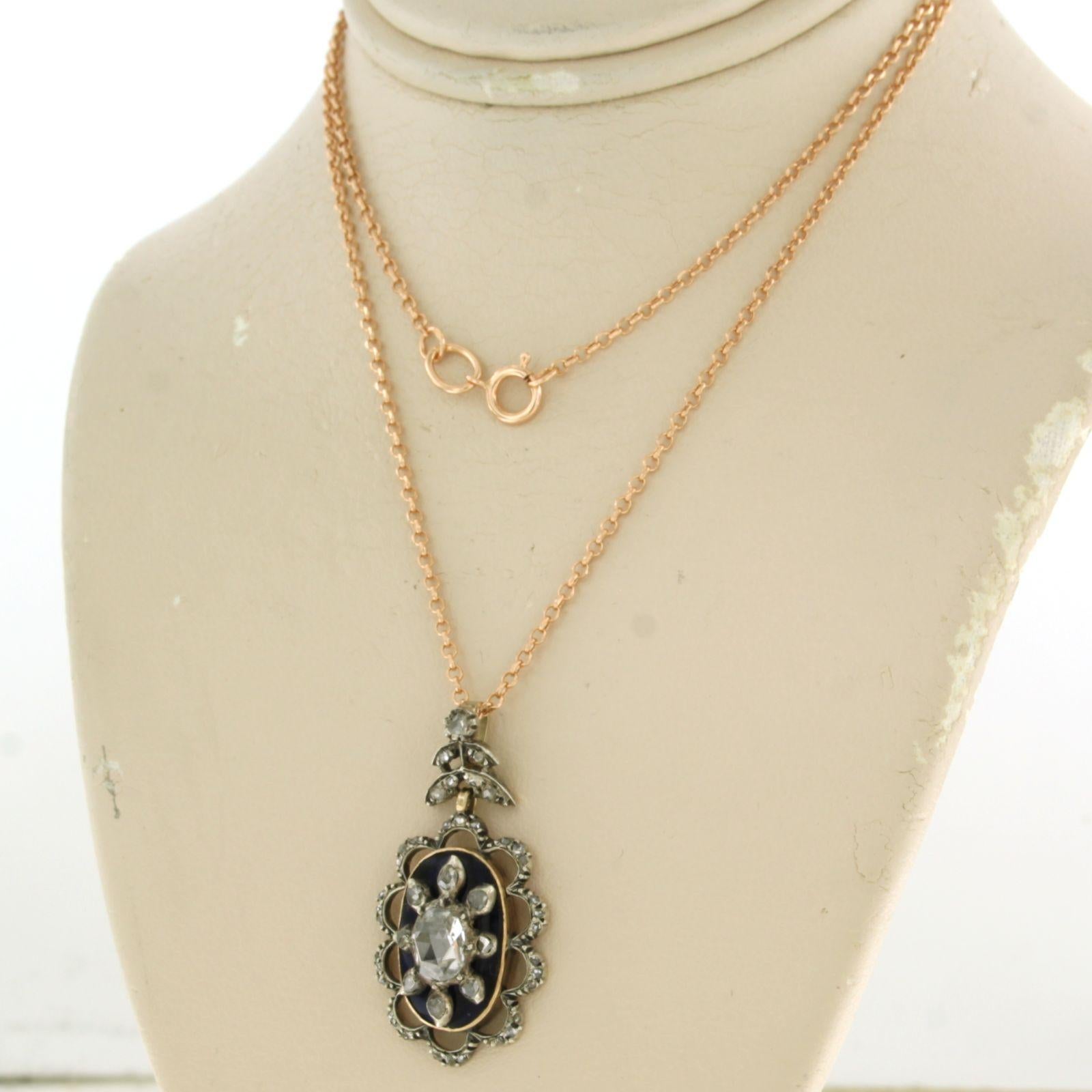 Rose Cut Necklace and pendant with blue enamel and rose cut diamonds 14k gold and silver For Sale