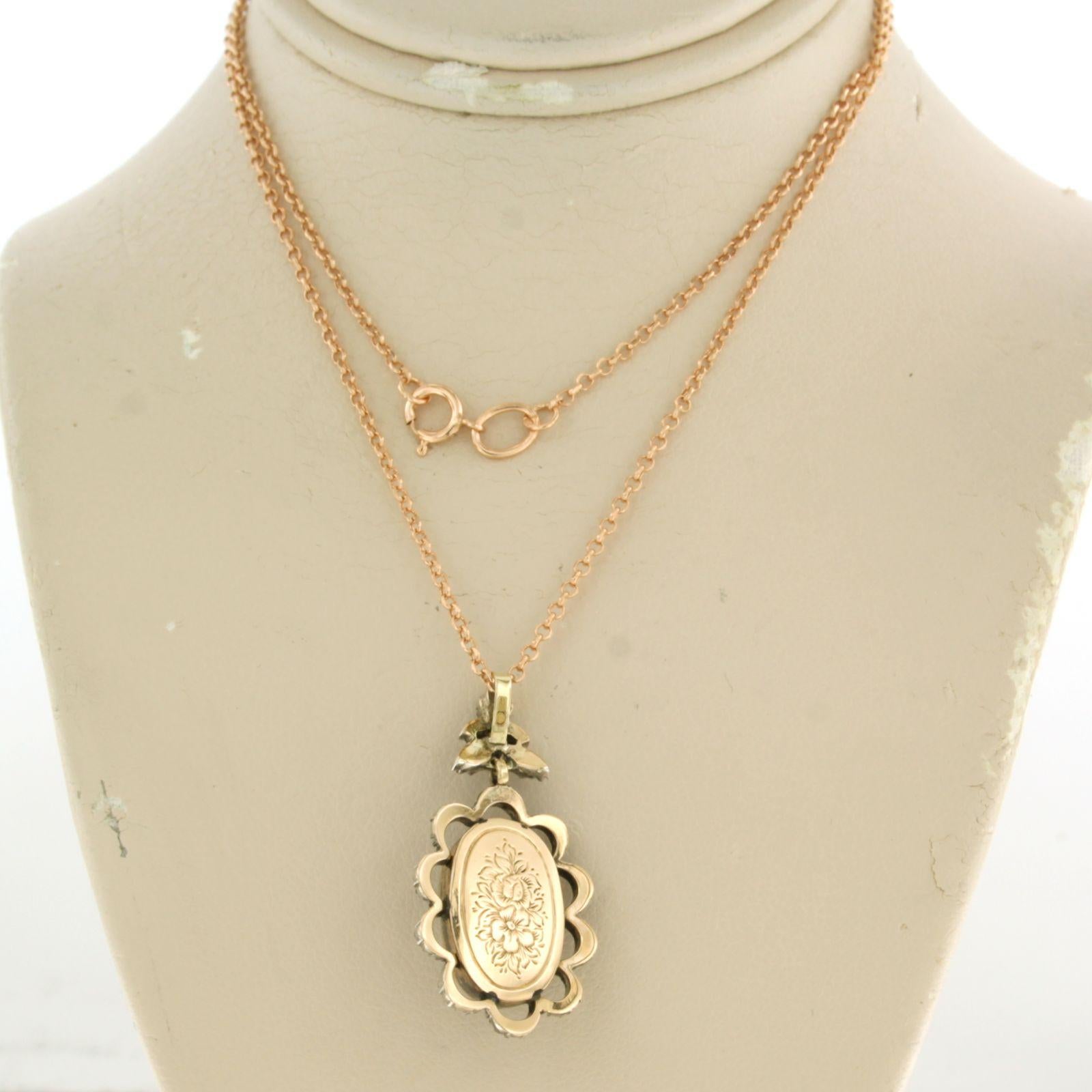 Women's Necklace and pendant with blue enamel and rose cut diamonds 14k gold and silver For Sale
