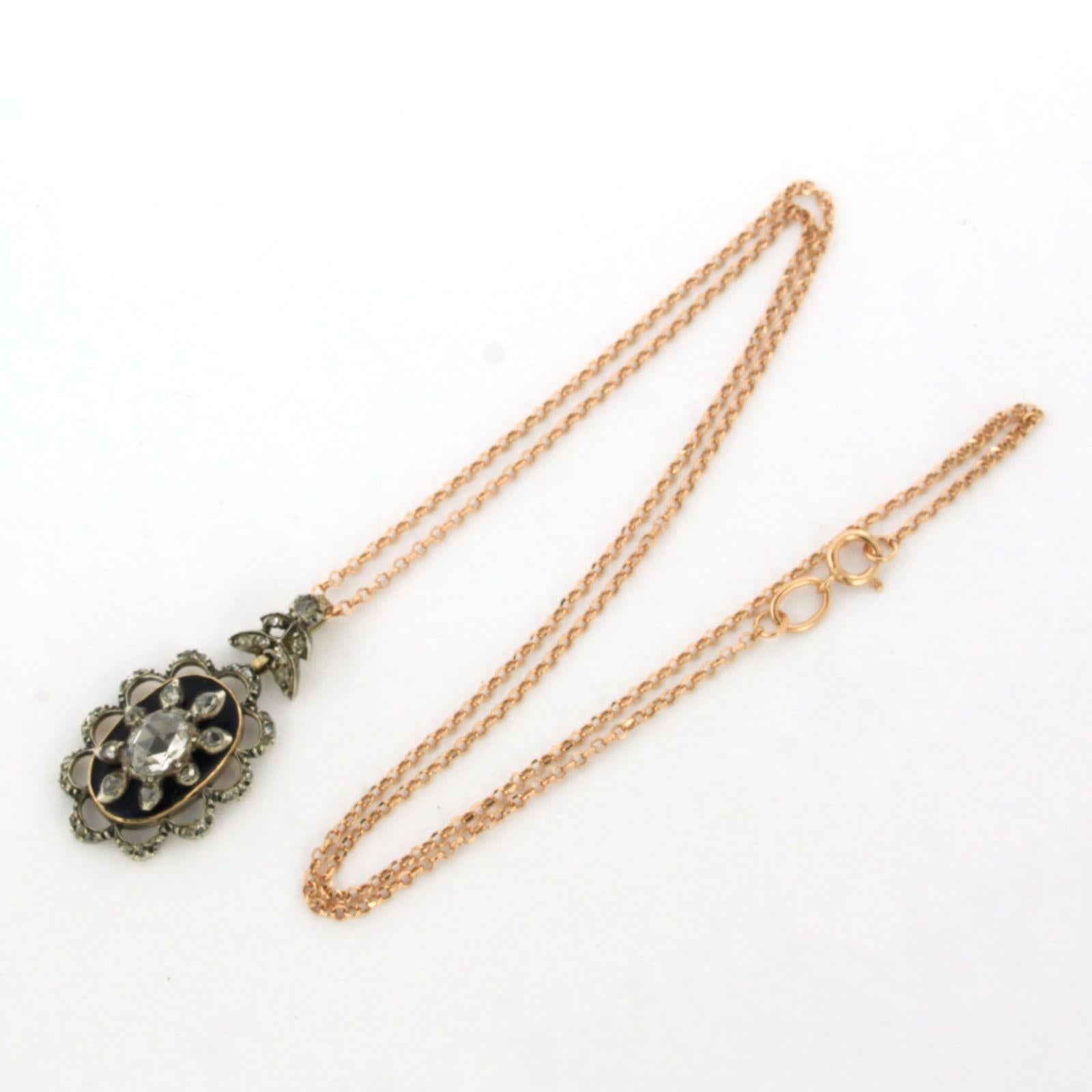 Necklace and pendant with blue enamel and rose cut diamonds 14k gold and silver For Sale 1