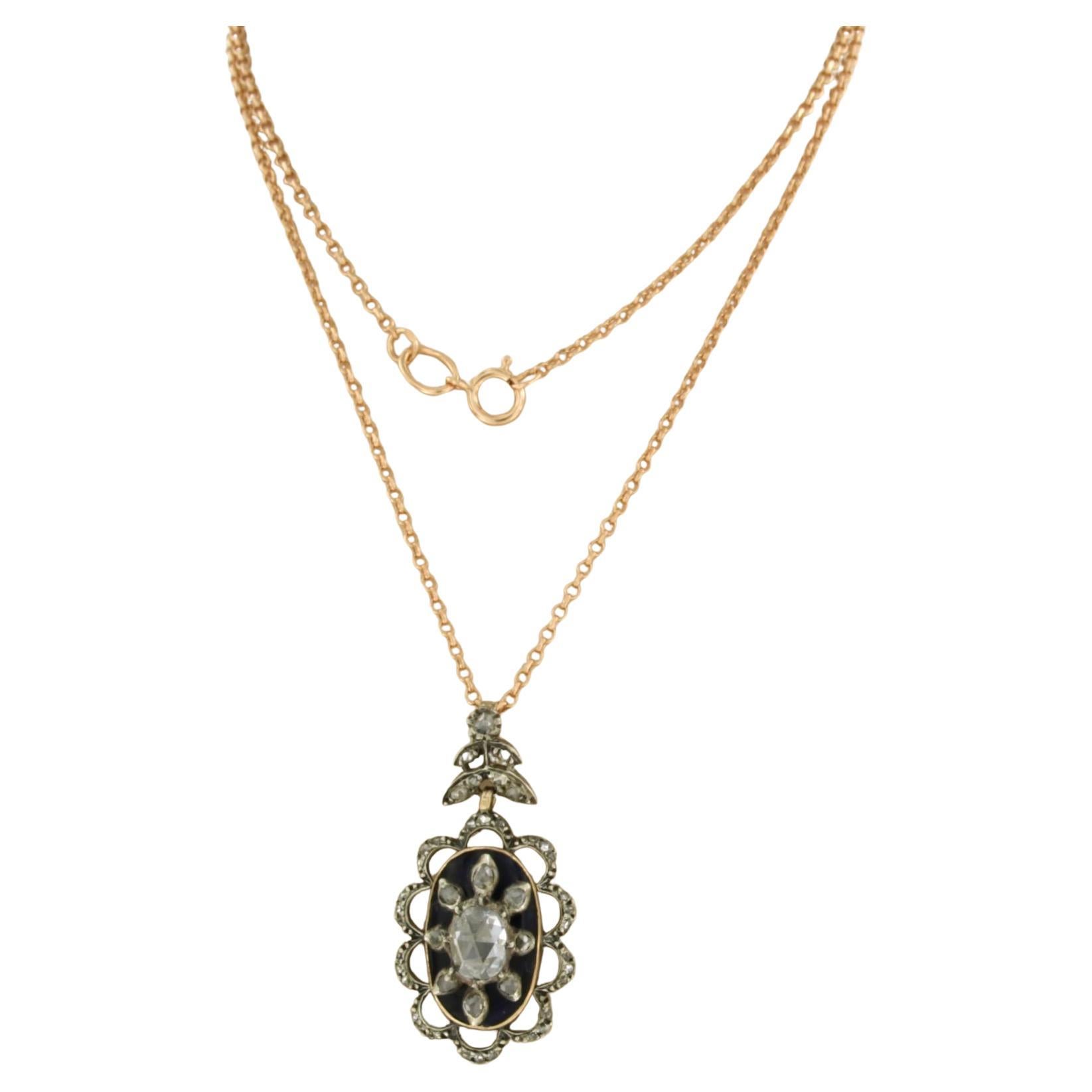Necklace and pendant with blue enamel and rose cut diamonds 14k gold and silver