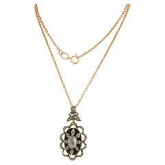 Necklace and pendant with blue enamel and rose cut diamonds 14k gold and silver