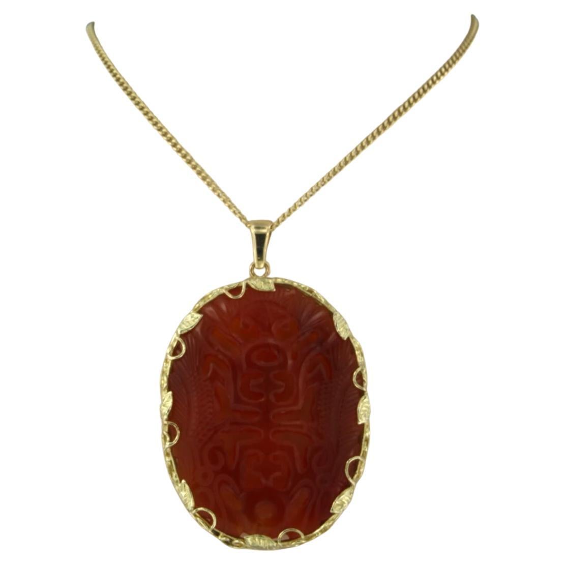 Necklace and pendant with brown jade 14k yellow gold For Sale