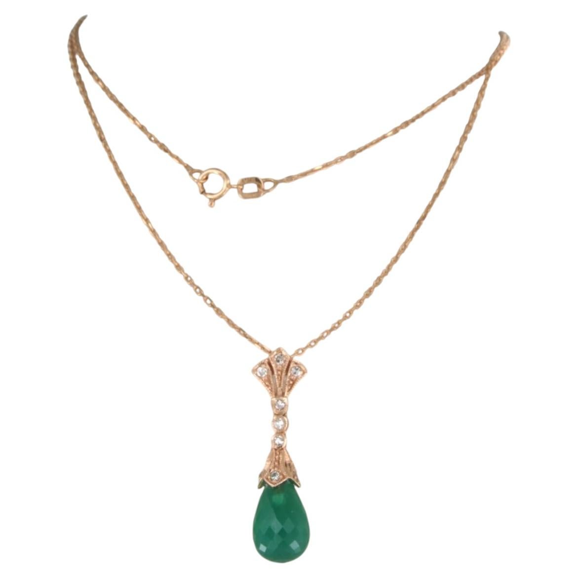 Necklace and pendant with chalcedony nd single cut diamonds 14k gold