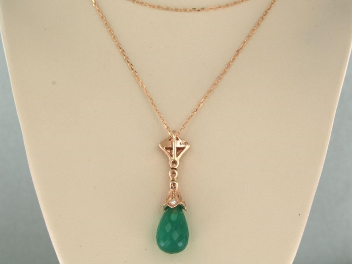 Modern Necklace and pendant with chalcedony nd single cut diamonds 14k rose gold For Sale