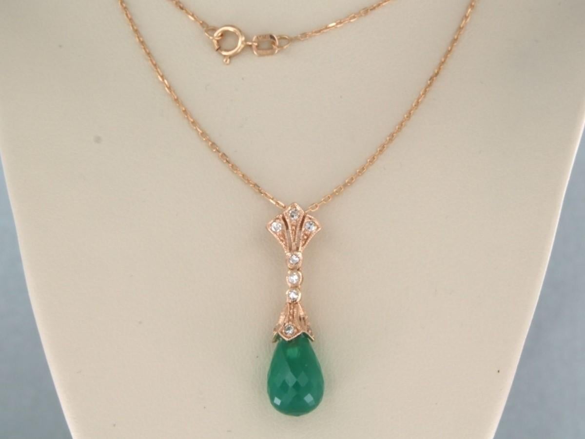 Necklace and pendant with chalcedony nd single cut diamonds 14k rose gold For Sale 1