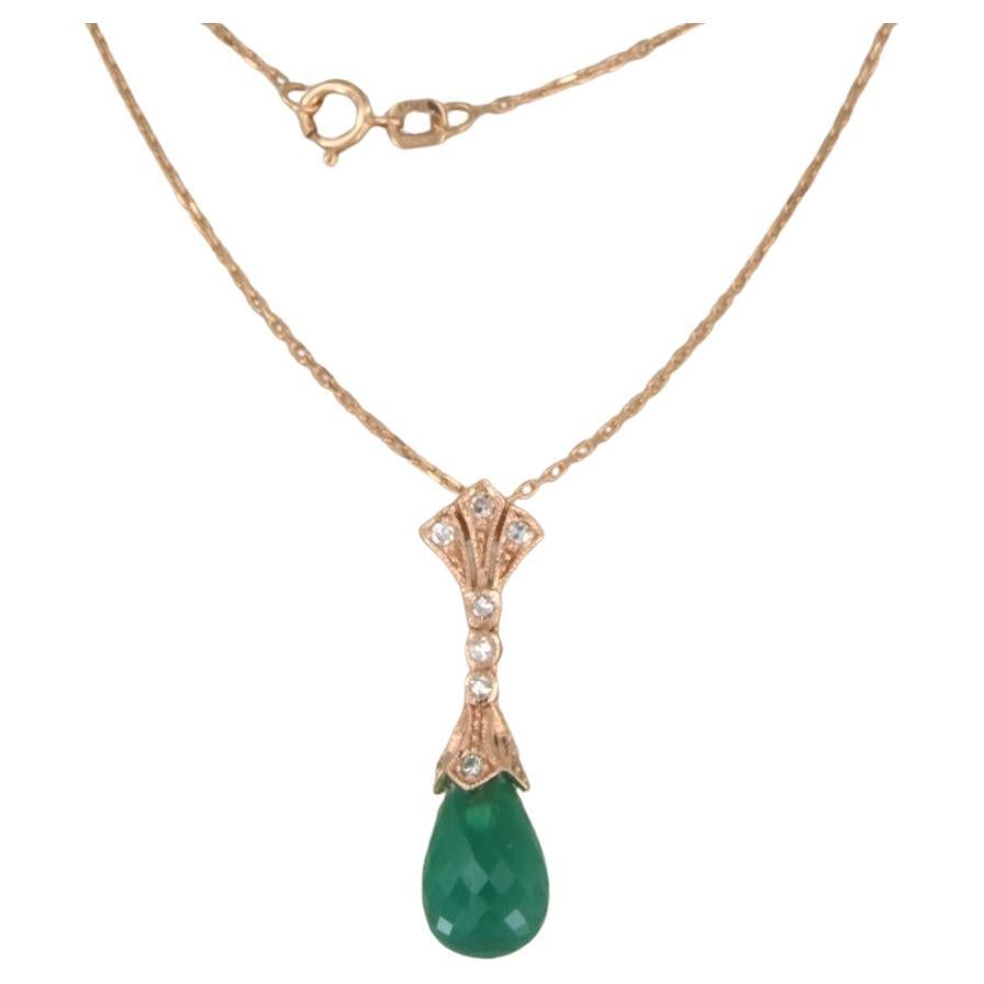 Collana e pendente con calcedonio e diamanti taglio singolo in oro rosa 14k