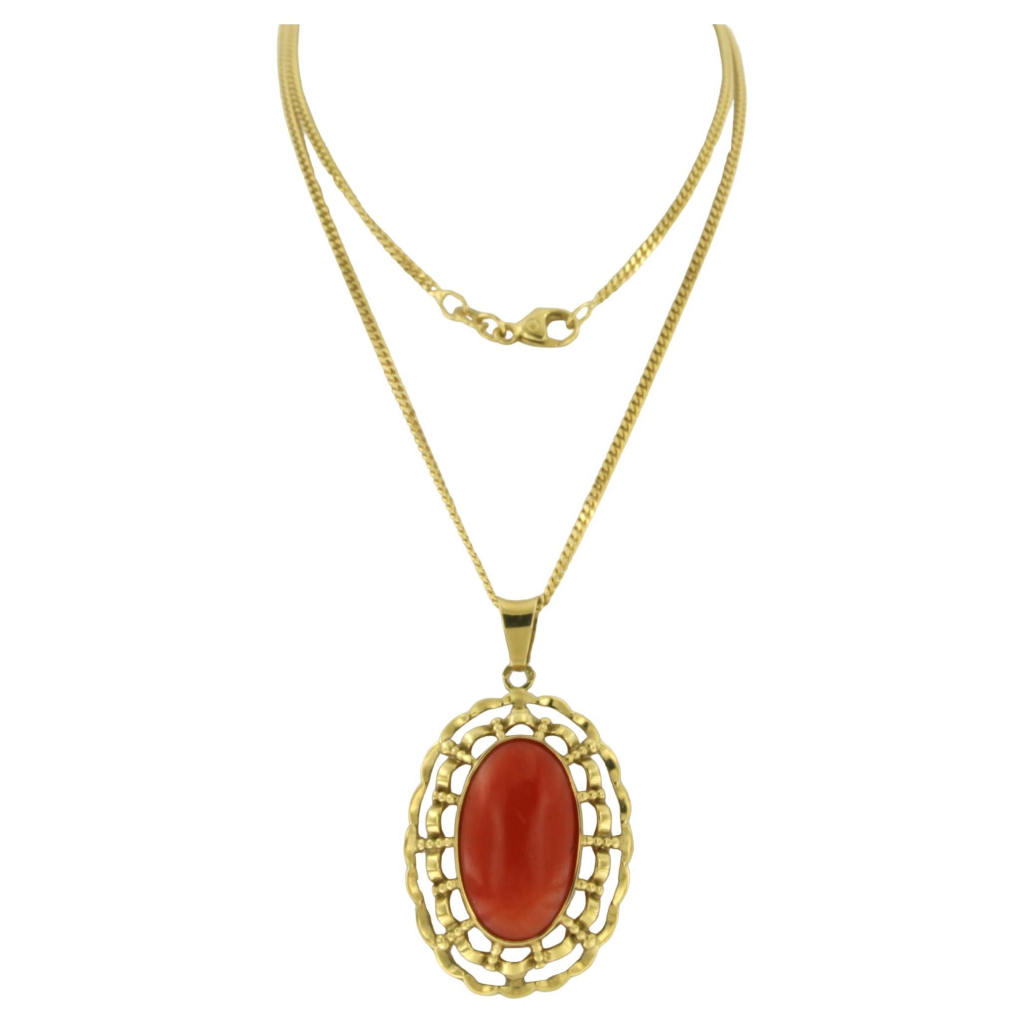 Necklace and pendant with coral 14k yellow gold 8.8 grams For Sale