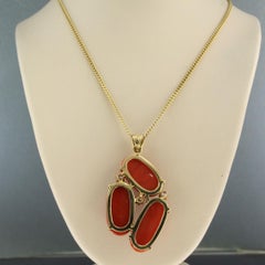 Necklace and pendant with Coral and brilliant cut diamonds 14k gold 15.7 grams