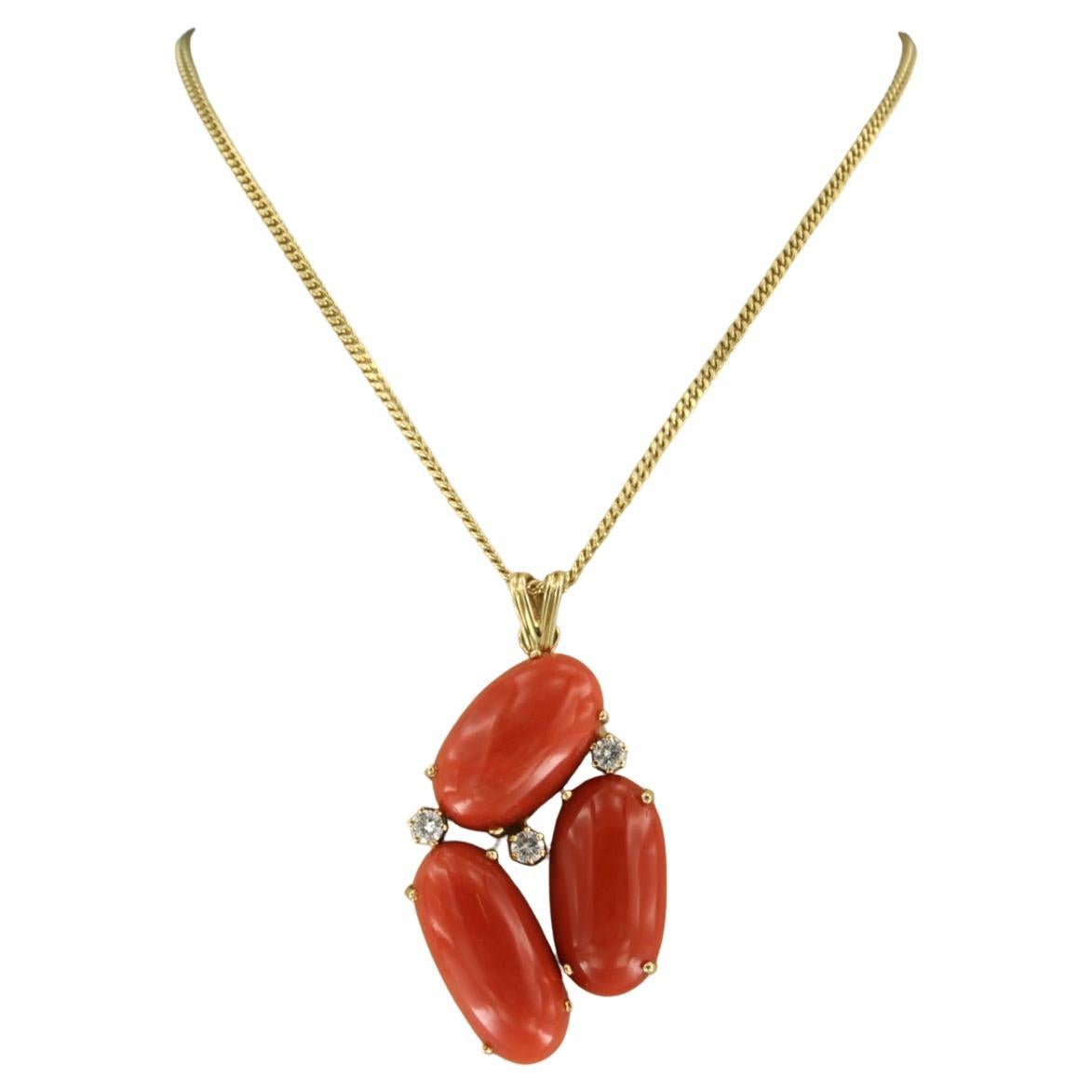 Necklace and pendant with Coral and brilliant cut diamonds 14k gold 15.7 grams