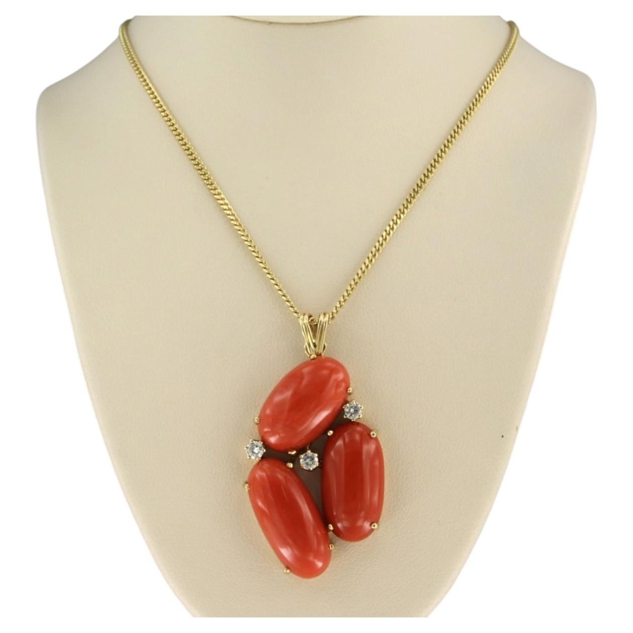 Necklace and pendant with Coral and brilliant cut diamonds 14k gold 15.7 grams