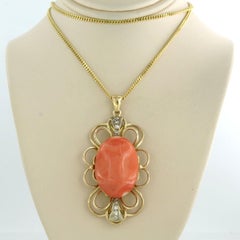 Necklace and pendant with Coral and single cut diamonds - 14k gold