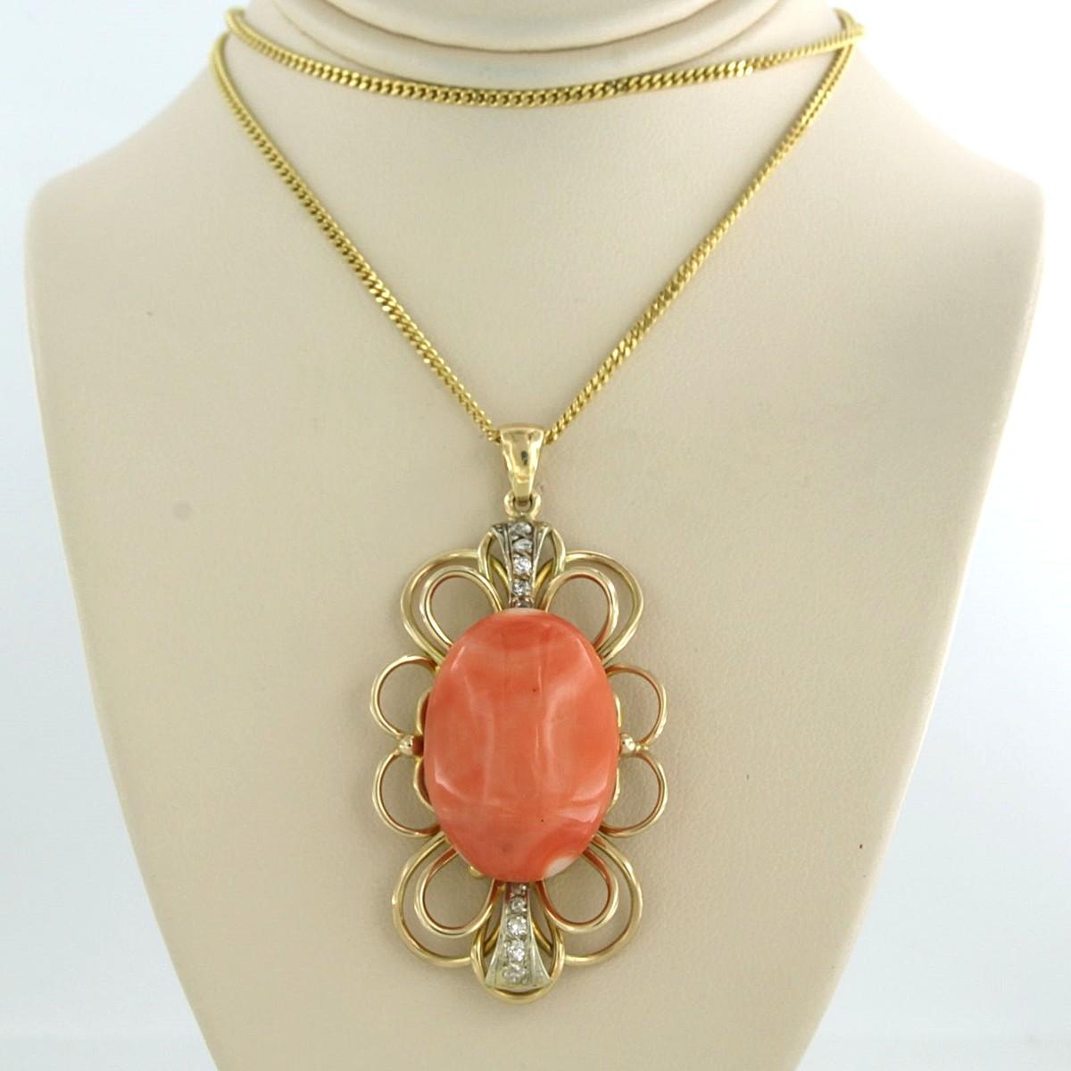14k yellow gold necklace and pendant set with coral and single cut diamonds up to 0.20ct - G/H - VS/SI - 17.4 grams - 45 cm long

detailed description:

the necklace is 45 cm long and 1.5 mm wide

the pendant is 5.3 cm high and 2.7 cm wide

weight: